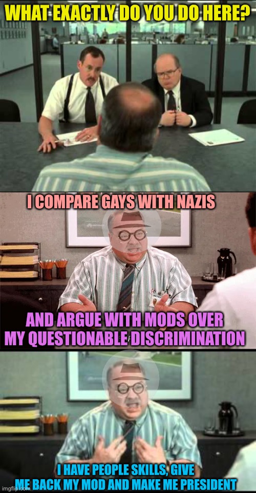 Yep, this sounds about right | WHAT EXACTLY DO YOU DO HERE? I COMPARE GAYS WITH NAZIS; AND ARGUE WITH MODS OVER MY QUESTIONABLE DISCRIMINATION; I HAVE PEOPLE SKILLS, GIVE ME BACK MY MOD AND MAKE ME PRESIDENT | made w/ Imgflip meme maker