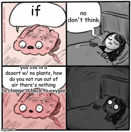 Brain Before Sleep |  no don't think; if; you live in a desert w/ no plants, how do you not run out of air there's nothing to change it back to oxygen | image tagged in brain before sleep,deep thoughts,top 10 questions science still can't answer,how,no sleep | made w/ Imgflip meme maker