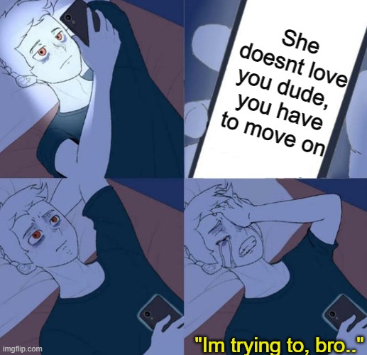 Move on, dude.. | She doesnt love you dude, 
you have to move on; "Im trying to, bro.." | image tagged in sad,couple in bed | made w/ Imgflip meme maker