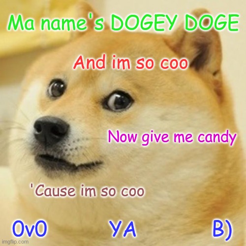 Candy Doge | Ma name's DOGEY DOGE; And im so coo; Now give me candy; 'Cause im so coo; 0v0          YA            B) | image tagged in memes,doge,candy,funny,dog,funny animals | made w/ Imgflip meme maker