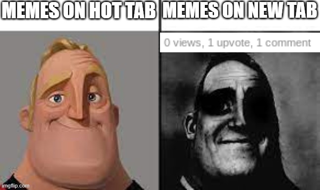 Normal and dark mr.incredibles | MEMES ON HOT TAB; MEMES ON NEW TAB | image tagged in normal and dark mr incredibles | made w/ Imgflip meme maker