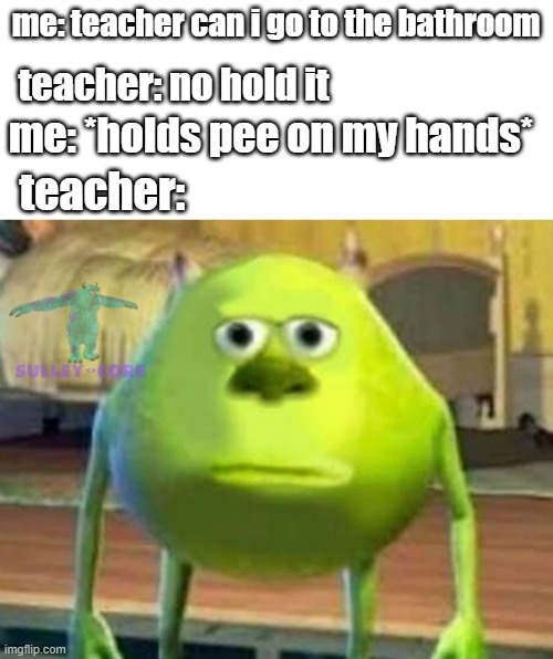 stupid | me: teacher can i go to the bathroom; teacher: no hold it; me: *holds pee on my hands*; teacher: | image tagged in monsters inc | made w/ Imgflip meme maker