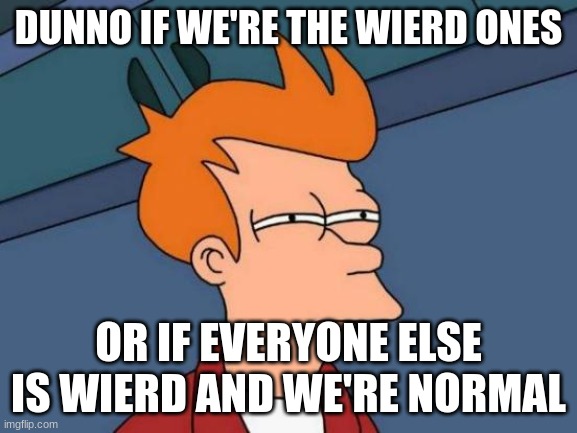 Futurama Fry Meme | DUNNO IF WE'RE THE WIERD ONES OR IF EVERYONE ELSE IS WIERD AND WE'RE NORMAL | image tagged in memes,futurama fry | made w/ Imgflip meme maker