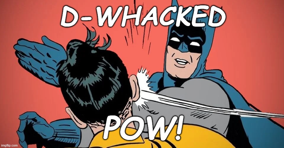 Batman slapping Robin | D-WHACKED; POW! | image tagged in batman slapping robin | made w/ Imgflip meme maker
