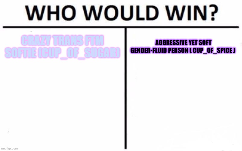 Who Would Win? | CRAZY TRANS FTM SOFTIE (CUP_OF_SUGAR); AGGRESSIVE YET SOFT GENDER-FLUID PERSON ( CUP_OF_SPICE ) | image tagged in memes,who would win | made w/ Imgflip meme maker