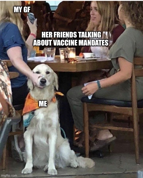 Lady holding dog mouth closed | MY GF; HER FRIENDS TALKING ABOUT VACCINE MANDATES; ME | image tagged in lady holding dog mouth closed | made w/ Imgflip meme maker