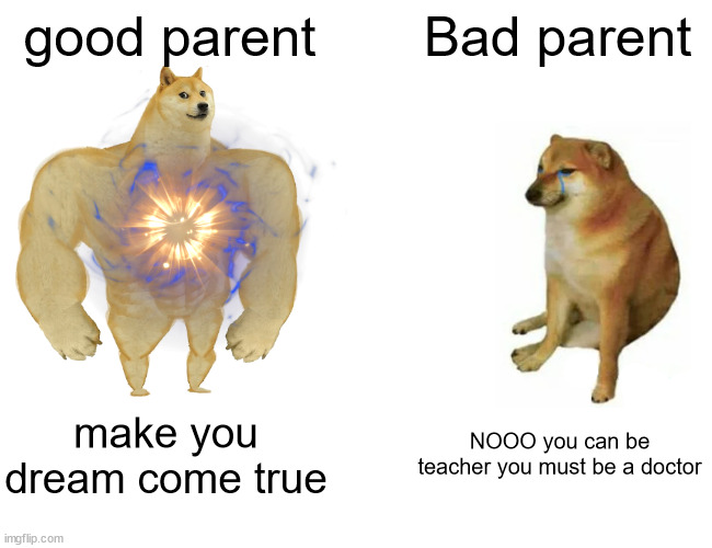 Buff Doge vs. Cheems | good parent; Bad parent; make you dream come true; NOOO you can be teacher you must be a doctor | image tagged in memes,buff doge vs cheems,parents,magic | made w/ Imgflip meme maker