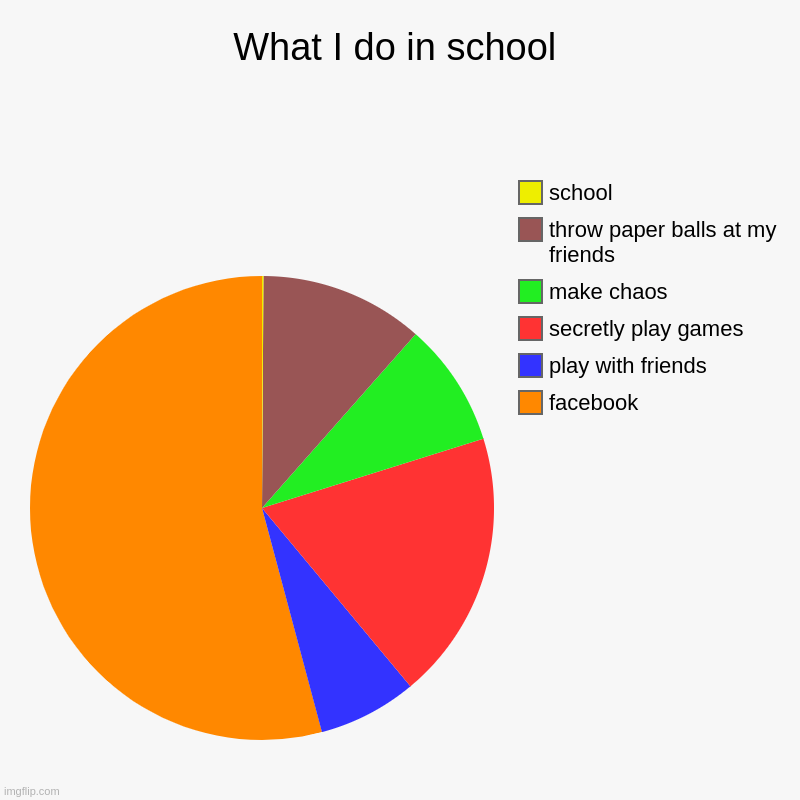 School in a nutshell | What I do in school | facebook, play with friends, secretly play games, make chaos, throw paper balls at my friends, school | image tagged in charts,pie charts | made w/ Imgflip chart maker