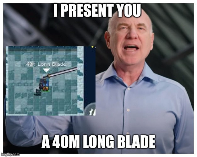 I present you... | I PRESENT YOU; A 40M LONG BLADE | image tagged in i present you | made w/ Imgflip meme maker