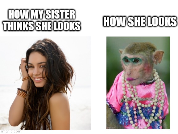 Oh my gawd she is such a drama queen | HOW MY SISTER THINKS SHE LOOKS; HOW SHE LOOKS | image tagged in whos reading the tags | made w/ Imgflip meme maker