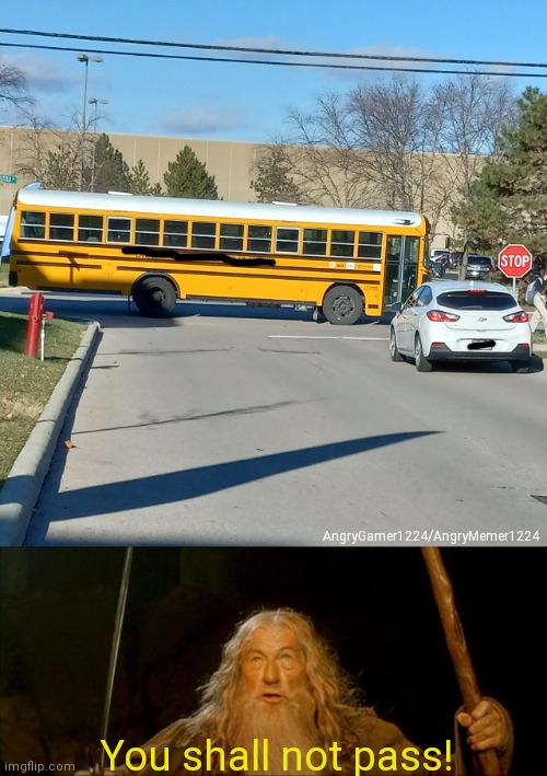 School bus in front of driver |  AngryGamer1224/AngryMemer1224; You shall not pass! | image tagged in gandalf you shall not pass,you shall not pass,school bus | made w/ Imgflip meme maker