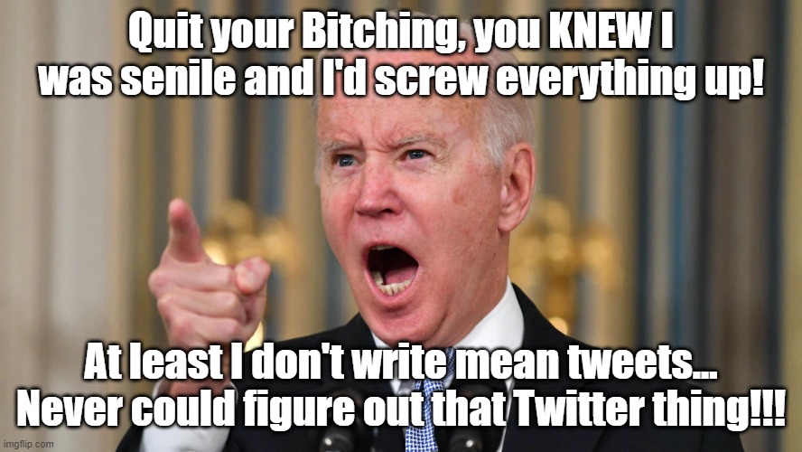 Quit Bitching | Quit your Bitching, you KNEW I was senile and I'd screw everything up! At least I don't write mean tweets... Never could figure out that Twitter thing!!! | made w/ Imgflip meme maker