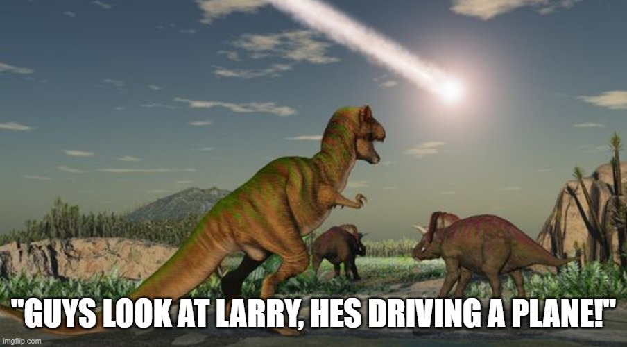 Larry moment. | "GUYS LOOK AT LARRY, HES DRIVING A PLANE!" | image tagged in obviously its a plane,larry is dead,rip bozo | made w/ Imgflip meme maker