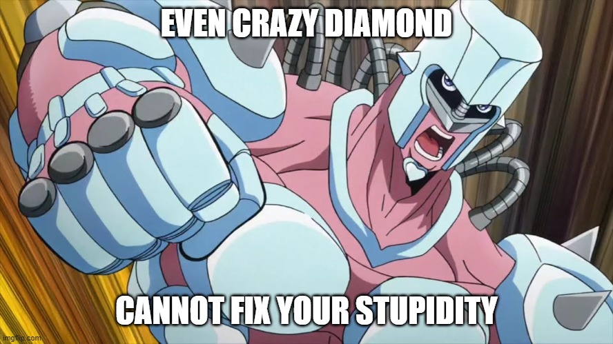 Crazy Diamond | EVEN CRAZY DIAMOND CANNOT FIX YOUR STUPIDITY | image tagged in crazy diamond | made w/ Imgflip meme maker