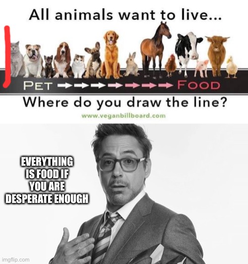 You must be starving | EVERYTHING IS FOOD IF YOU ARE DESPERATE ENOUGH | image tagged in robert downey jr's comments | made w/ Imgflip meme maker