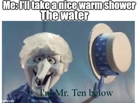 Chrismas meme time | Me: I'll take a nice warm shower; The water; I'm Mr. Ten below | image tagged in christmas,uwu | made w/ Imgflip meme maker