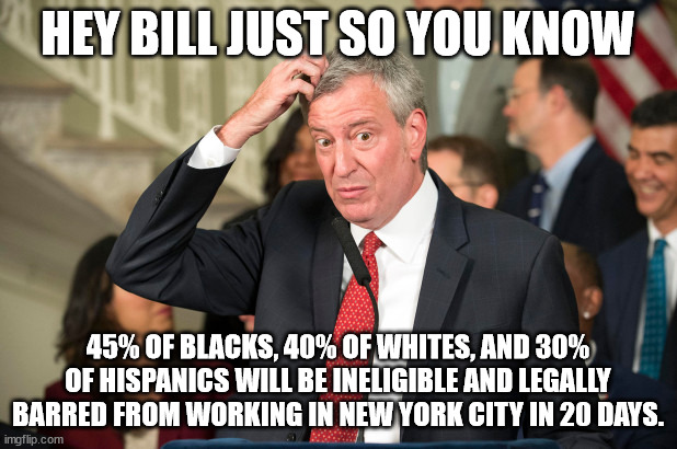 Dumb Ass | HEY BILL JUST SO YOU KNOW; 45% OF BLACKS, 40% OF WHITES, AND 30% OF HISPANICS WILL BE INELIGIBLE AND LEGALLY BARRED FROM WORKING IN NEW YORK CITY IN 20 DAYS. | image tagged in deblasio | made w/ Imgflip meme maker