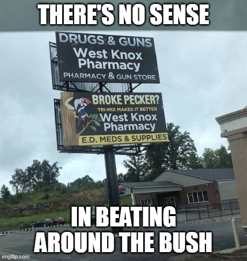 JUST GIVE IT TO US STRAIGHT | THERE'S NO SENSE; IN BEATING AROUND THE BUSH | image tagged in funny signs,signs/billboards,erectile dysfunction,guns | made w/ Imgflip meme maker