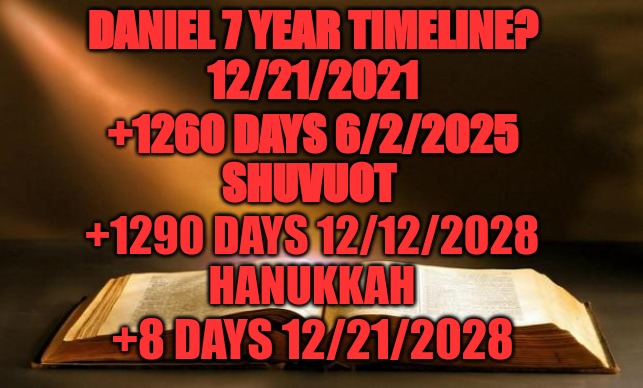 7 year timeline? | DANIEL 7 YEAR TIMELINE?
12/21/2021; +1260 DAYS 6/2/2025
SHUVUOT; +1290 DAYS 12/12/2028
HANUKKAH; +8 DAYS 12/21/2028 | image tagged in bible | made w/ Imgflip meme maker