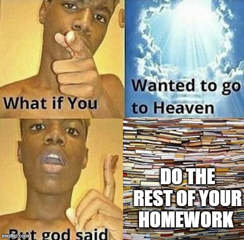 yea ill wont go to heaven then | DO THE REST OF YOUR HOMEWORK | image tagged in homework,what if i told you | made w/ Imgflip meme maker