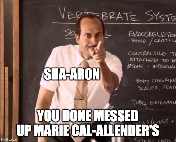 A-Aron | SHA-ARON; YOU DONE MESSED UP MARIE CAL-ALLENDER'S | image tagged in a-aron,marie callenders,sharon | made w/ Imgflip meme maker