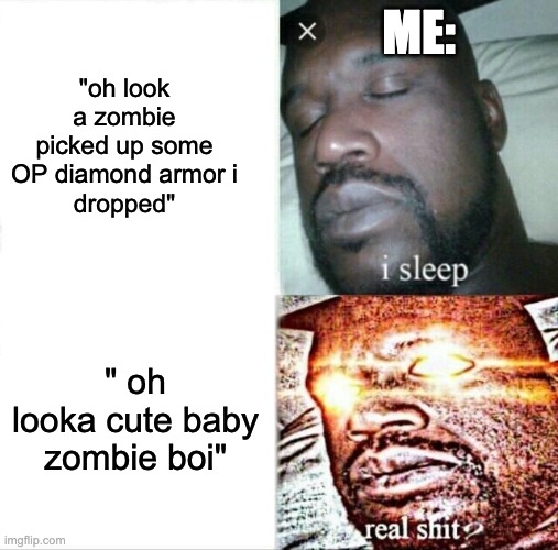 Oh shoot run | "oh look a zombie picked up some OP diamond armor i
dropped"; ME:; " oh looka cute baby zombie boi" | image tagged in memes,sleeping shaq,i sleep real shit,minecraft,funny,zombie | made w/ Imgflip meme maker