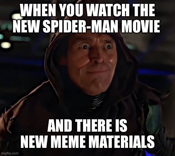 Meme material goblin |  WHEN YOU WATCH THE NEW SPIDER-MAN MOVIE; AND THERE IS NEW MEME MATERIALS | image tagged in green goblin bruh | made w/ Imgflip meme maker