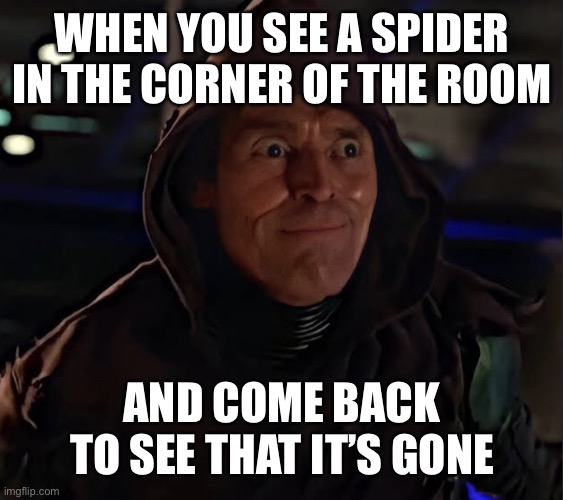 Green goblin philosophy |  WHEN YOU SEE A SPIDER IN THE CORNER OF THE ROOM; AND COME BACK TO SEE THAT IT’S GONE | image tagged in green goblin philosophy | made w/ Imgflip meme maker