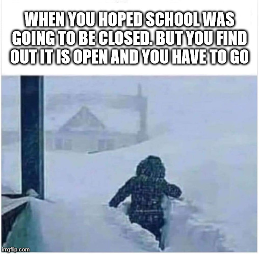 Hope School is Closed | WHEN YOU HOPED SCHOOL WAS GOING TO BE CLOSED. BUT YOU FIND OUT IT IS OPEN AND YOU HAVE TO GO | image tagged in snow,deep snow,school,snow storm | made w/ Imgflip meme maker