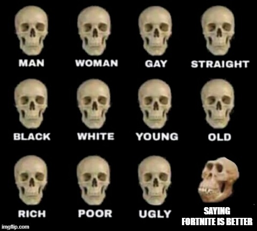 idiot skull | SAYING FORTNITE IS BETTER | image tagged in idiot skull | made w/ Imgflip meme maker