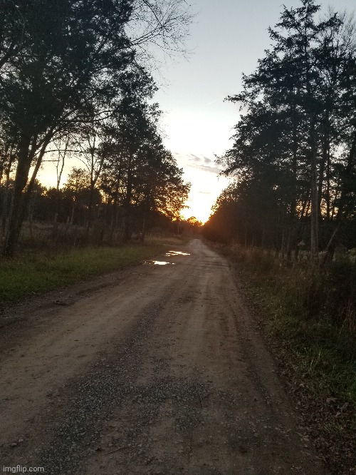 The sunset and a view of my driveway | image tagged in photography | made w/ Imgflip meme maker