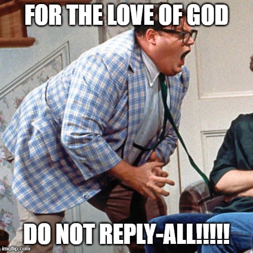 For the stupid morons who reply-all when they shouldn't | FOR THE LOVE OF GOD; DO NOT REPLY-ALL!!!!! | image tagged in chris farley for the love of god | made w/ Imgflip meme maker