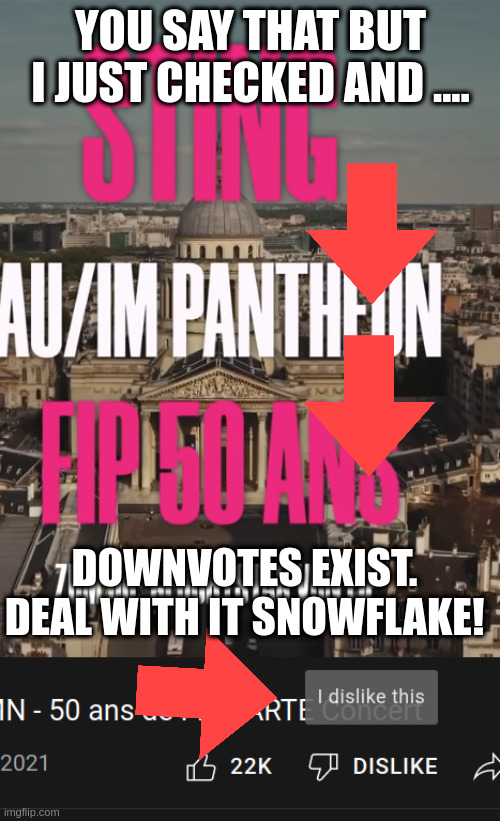 YOU SAY THAT BUT I JUST CHECKED AND .... DOWNVOTES EXIST. DEAL WITH IT SNOWFLAKE! | made w/ Imgflip meme maker