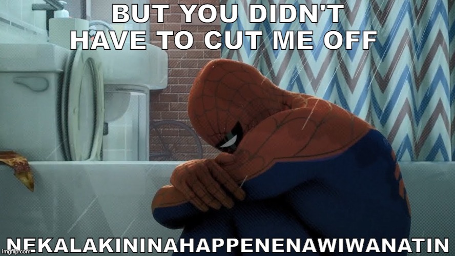 Spider-Man crying in the shower | BUT YOU DIDN'T HAVE TO CUT ME OFF; NEKALAKININAHAPPENENAWIWANATIN | image tagged in spider-man crying in the shower | made w/ Imgflip meme maker