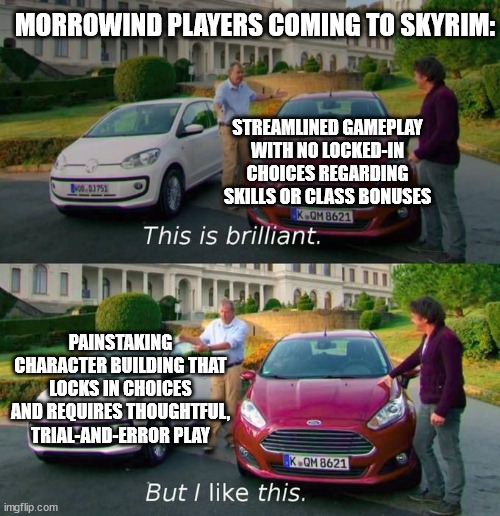 RPG players be like | MORROWIND PLAYERS COMING TO SKYRIM:; STREAMLINED GAMEPLAY WITH NO LOCKED-IN CHOICES REGARDING SKILLS OR CLASS BONUSES; PAINSTAKING CHARACTER BUILDING THAT LOCKS IN CHOICES AND REQUIRES THOUGHTFUL, TRIAL-AND-ERROR PLAY | image tagged in this is brilliant but i like this,elder scrolls,skyrim | made w/ Imgflip meme maker