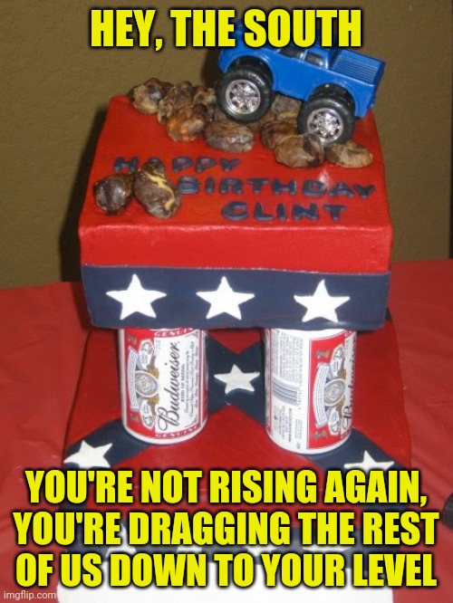 HEY, THE SOUTH; YOU'RE NOT RISING AGAIN,
YOU'RE DRAGGING THE REST
OF US DOWN TO YOUR LEVEL | image tagged in white trash,southern pride,degeneracy,trump supporters | made w/ Imgflip meme maker
