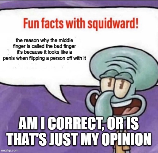 Fun Facts with Squidward | the reason why the middle finger is called the bad finger it's because it looks like a penis when flipping a person off with it; AM I CORRECT, OR IS THAT'S JUST MY OPINION | image tagged in fun facts with squidward | made w/ Imgflip meme maker