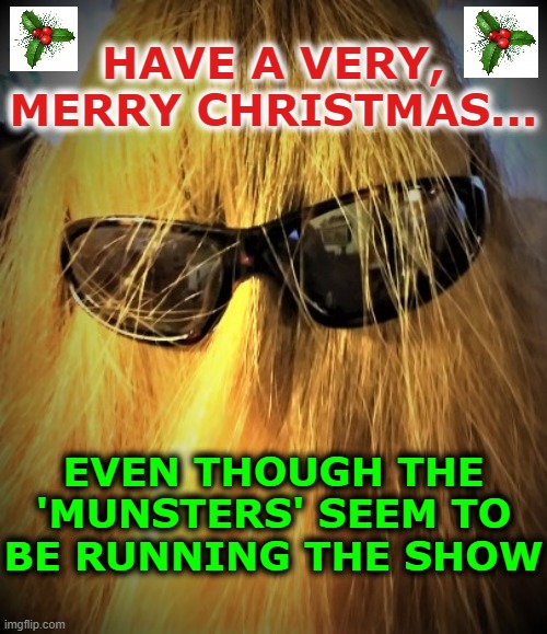 Munster's Christmas | HAVE A VERY, MERRY CHRISTMAS... EVEN THOUGH THE 'MUNSTERS' SEEM TO BE RUNNING THE SHOW | image tagged in christmas,merry,munsters,cousin it,show,illusion | made w/ Imgflip meme maker