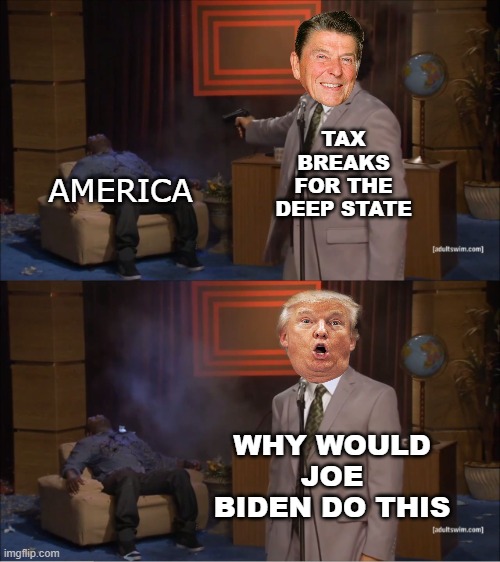 the immoral minority killed America | TAX BREAKS FOR THE DEEP STATE; AMERICA; WHY WOULD JOE BIDEN DO THIS | image tagged in donald trump,ronald reagan,fascists,nazi,conservatives | made w/ Imgflip meme maker
