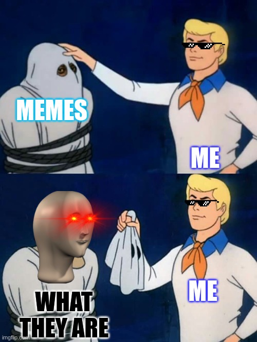 Scooby doo mask reveal | MEMES; ME; ME; WHAT THEY ARE | image tagged in scooby doo mask reveal | made w/ Imgflip meme maker