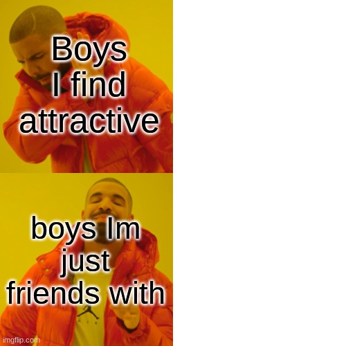 Drake Hotline Bling Meme | Boys I find attractive boys Im just friends with | image tagged in memes,drake hotline bling | made w/ Imgflip meme maker