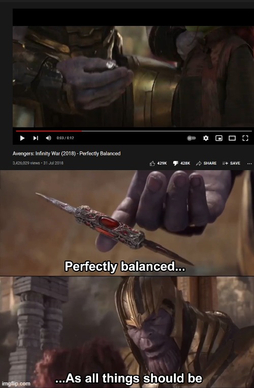 got my dislikes back | image tagged in thanos perfectly balanced as all things should be,youtube | made w/ Imgflip meme maker