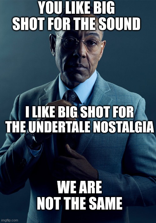 First time i heard this song... | YOU LIKE BIG SHOT FOR THE SOUND; I LIKE BIG SHOT FOR THE UNDERTALE NOSTALGIA; WE ARE NOT THE SAME | image tagged in gus fring we are not the same | made w/ Imgflip meme maker