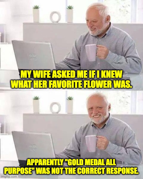 Flower | MY WIFE ASKED ME IF I KNEW WHAT HER FAVORITE FLOWER WAS. APPARENTLY "GOLD MEDAL ALL PURPOSE" WAS NOT THE CORRECT RESPONSE. | image tagged in memes,hide the pain harold | made w/ Imgflip meme maker