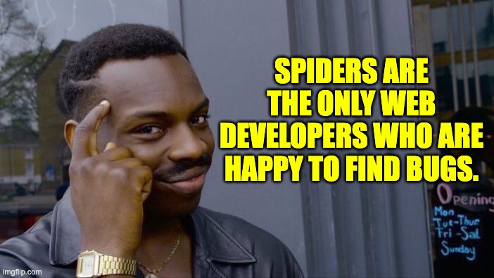 Web | SPIDERS ARE THE ONLY WEB DEVELOPERS WHO ARE HAPPY TO FIND BUGS. | image tagged in memes,roll safe think about it | made w/ Imgflip meme maker