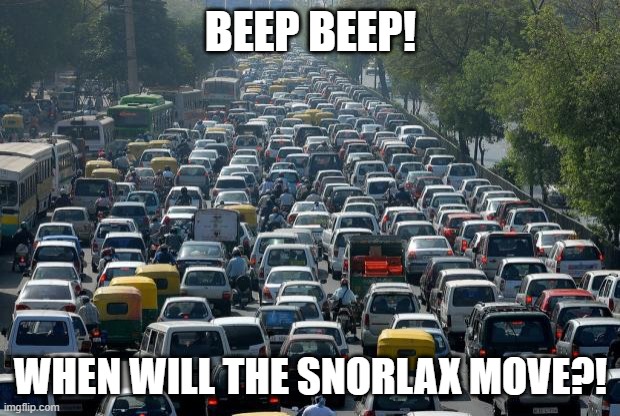 Traffic | BEEP BEEP! WHEN WILL THE SNORLAX MOVE?! | image tagged in traffic | made w/ Imgflip meme maker