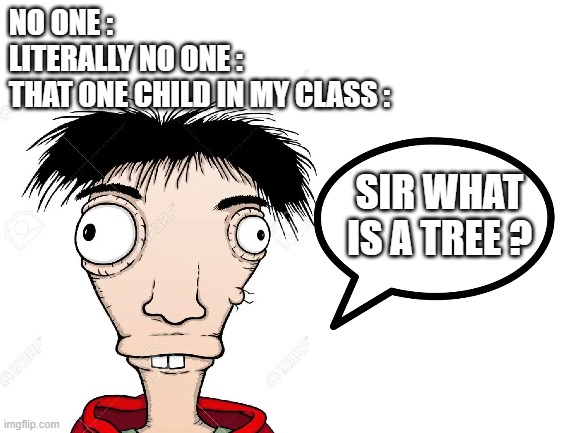 He asked this in class 7th | NO ONE :
LITERALLY NO ONE :
THAT ONE CHILD IN MY CLASS :; SIR WHAT IS A TREE ? | image tagged in dumb | made w/ Imgflip meme maker