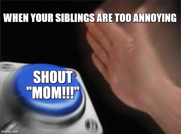 When your siblings are too annoying... |  WHEN YOUR SIBLINGS ARE TOO ANNOYING; SHOUT "MOM!!!" | image tagged in memes,blank nut button | made w/ Imgflip meme maker