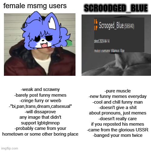 Blank Transparent Square Meme | SCROODGED_BLUE; female msmg users; -weak and scrawny
-barely post funny memes
-cringe furry or weeb
-"bi,pan,trans,dream,catsexual"
-will dissaprove any image that didn't support lgbtqlmnop
-probably came from your hometown or some other boring place; -pure muscle
-new funny memes everyday
-cool and chill funny man
-doesn't give a shit about pronouns, just memes
-doesn't really care if you reposted his memes
-came from the glorious USSR
-banged your mom twice | image tagged in memes,blank transparent square | made w/ Imgflip meme maker
