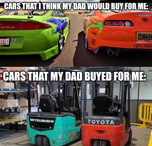 CARS THAT I THINK MY DAD WOULD BUY FOR ME:; CARS THAT MY DAD BUYED FOR ME: | made w/ Imgflip meme maker